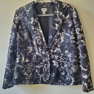 Chicos Black White Floral Silk + Cotton Blazer Size (2) 12-14 Business Wedding